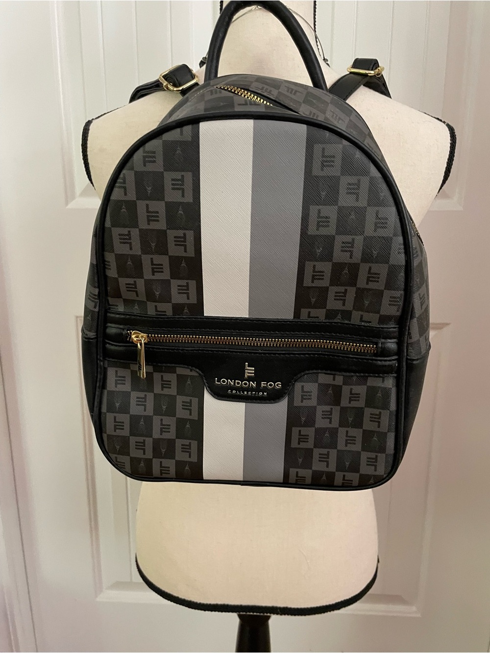 London Fog Black, Gray & White Striped Logo Backpack for Men
